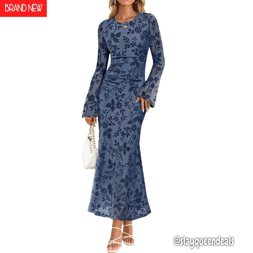 Long Sleeve Floral Bodycon Maxi Dress Ruched Waist Wedding Guest